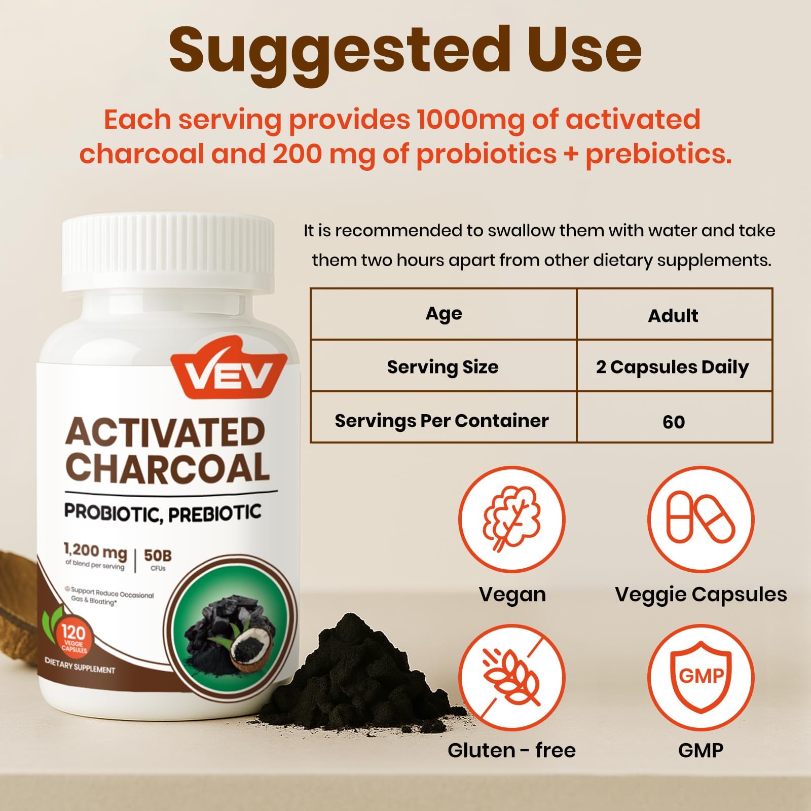 VEV Activated Charcoal Capsules 1200mg, 50B Probiotics, 120 Vegan Capsules — Amazon image 7