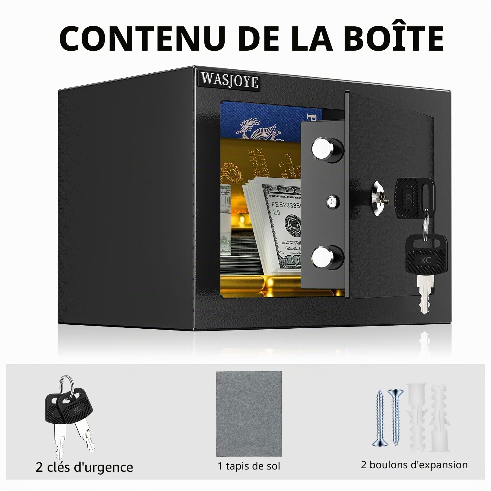 WASJOYE Mini Coffre Fort Domestique,23 * 17 * 17cm Coffre Fort Serrure à clé de Sécurité - Petit Coffre Fort pour la maison,L'argent, de documents,de bijoux,de passeports 6.6L