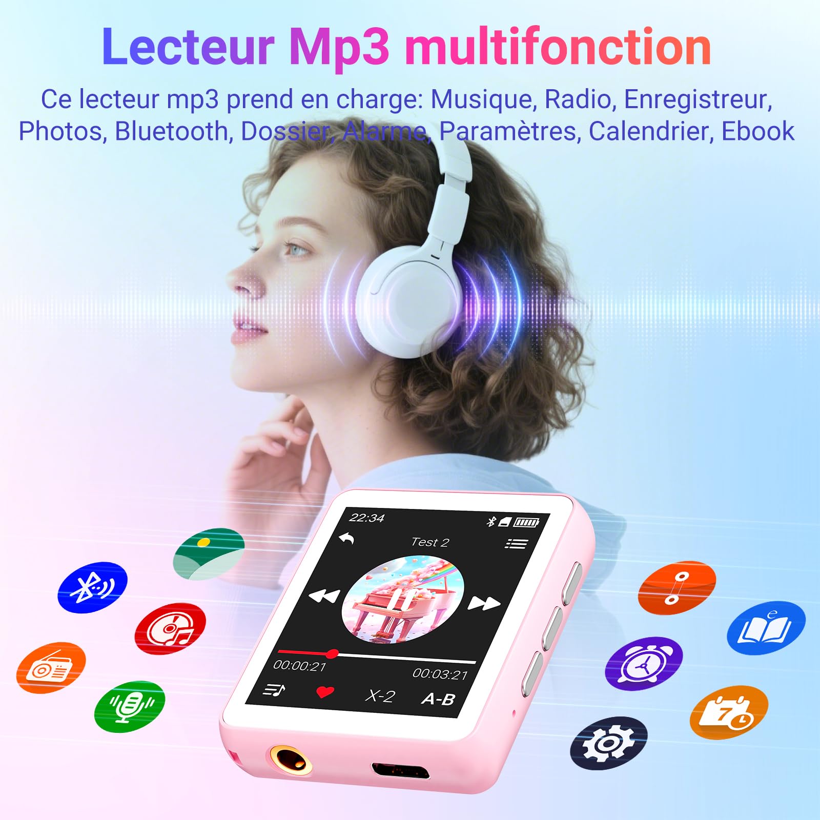 Lecteur MP3 Bluetooth, 128 Go Lecteur de Musique, Haut-Parleur Intégré et Radio FM, Mini écran Tactile de 1,8'' MP3 - Parfait pour Enfants et Les Sports (Rose)