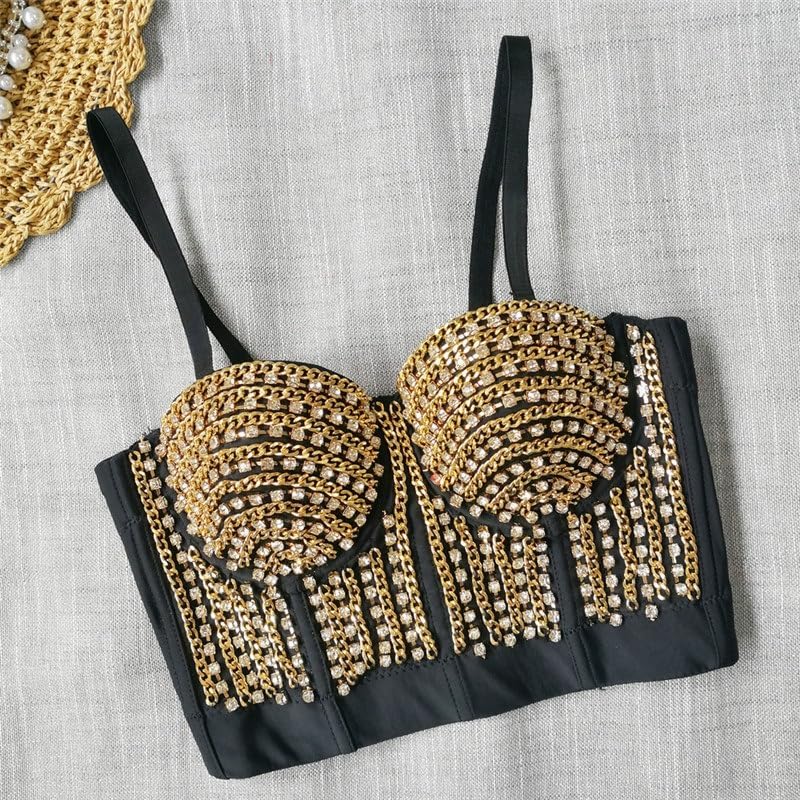 Glitter Diamond Shaping Top with Metal Decoration Sexy Low-Cut Small Camisole Tube for Outer Wear