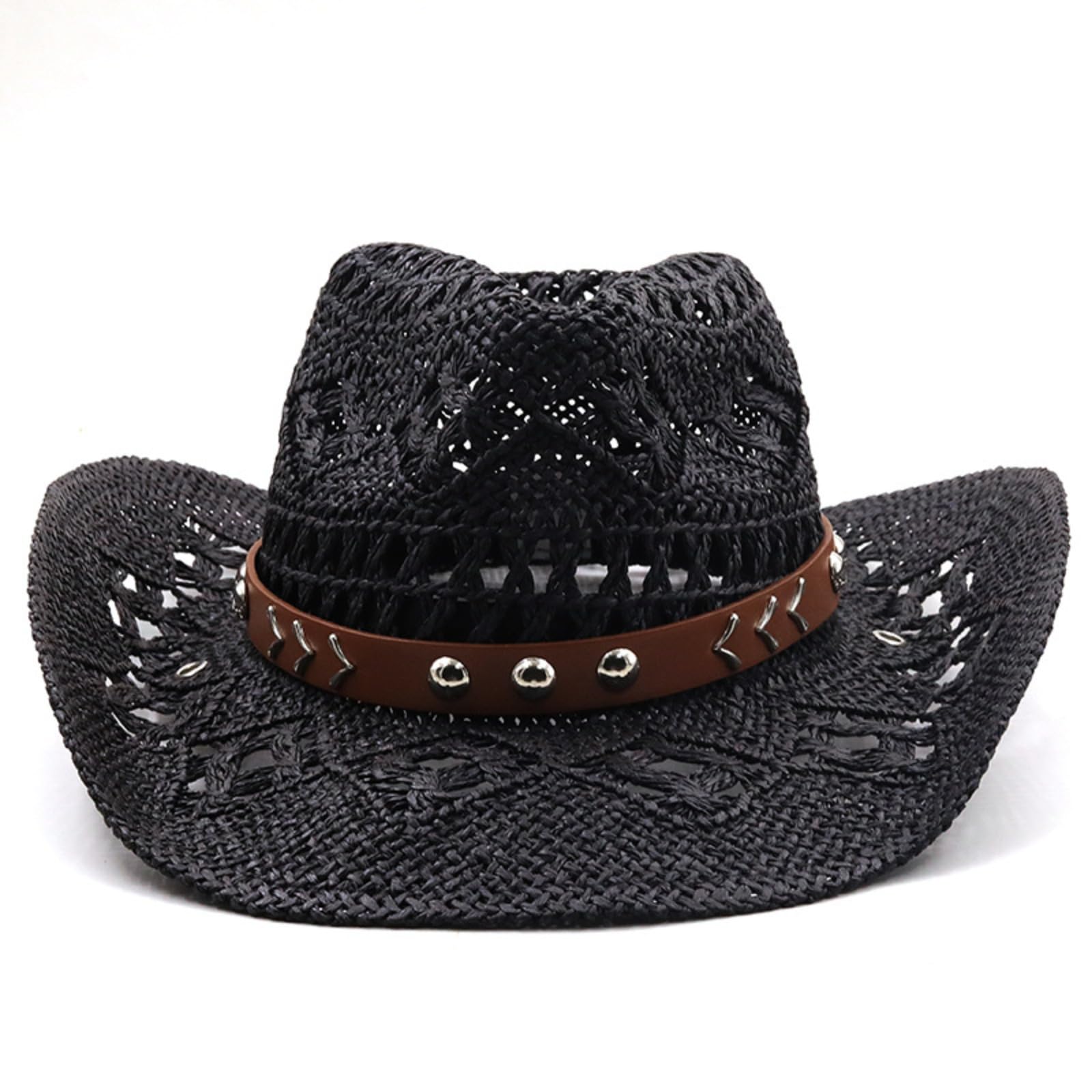 Cazqgoy Unisex Straw Cowboy Hat, Hollow Out Cowboy Sun Hat, Wide Brim, Straw Cowboy Hat Vintage Western Straw Cowgirl Hat Cowboy Hats, black, L
