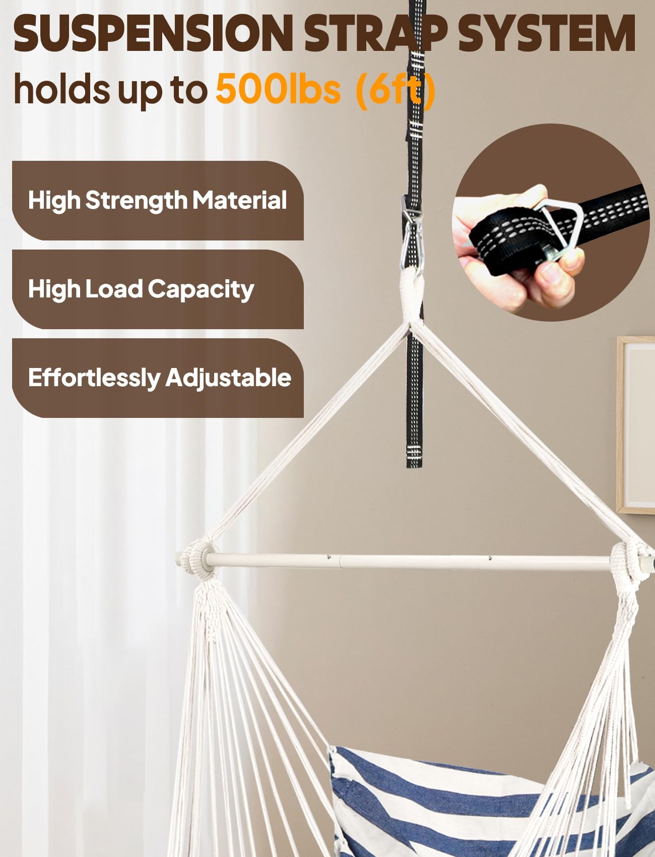 Chihee Columpio Silla Hamaca MAX 227KG 2 Cojines incluidos Barra de Metal con Ranuras Antideslizantes Silla Colgante portátil Bolsillo Lateral Silla Bohemia Grande de macramé Interior Exterior
