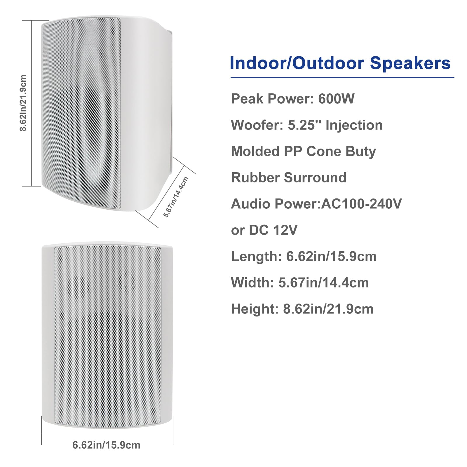 STUDIOFINIX Altavoces de Montaje en Pared de 5,25 Pulgadas, 600 W, Resistentes a la Intemperie, para Interiores y Exteriores, para Patio, Garaje, Hogar, 2 Pares (Blanco)