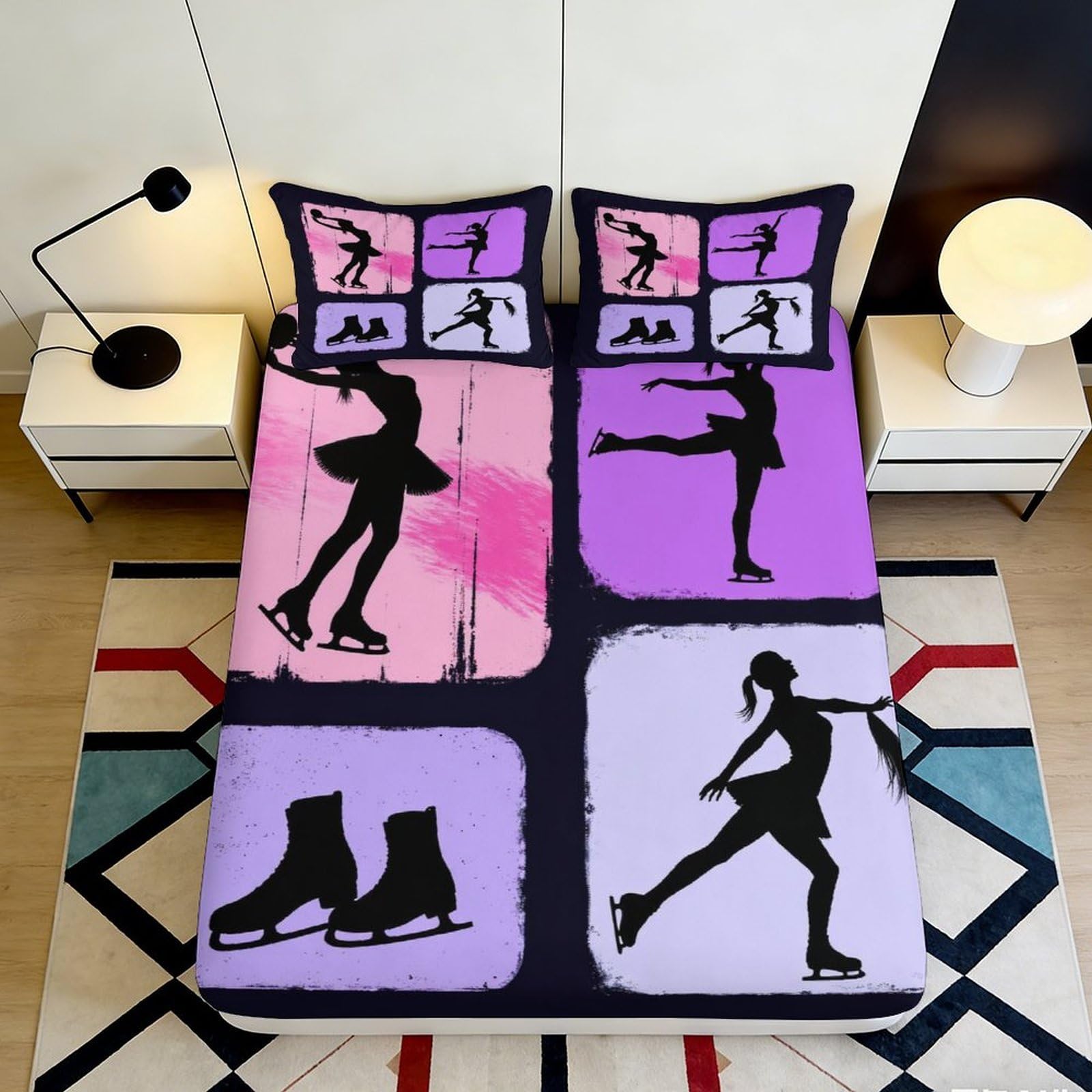 3D Printed Figure Skating Fitted Sheet Microfiber Soft Breathable Ice Skater Bed Cover for Bedroom Dormitory Guest Room Mattress Protection Decor 90x200x25cm