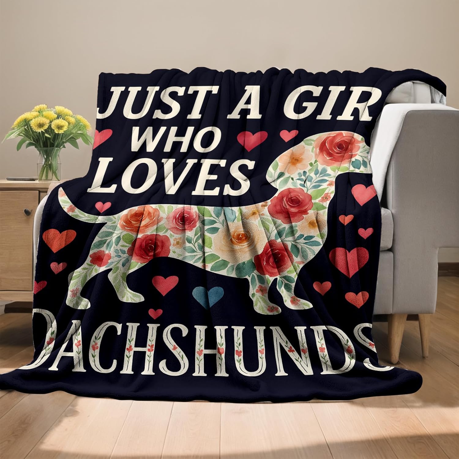 Dachshund Floral Blanket, Dog and Flower Flannel Throw, Soft Cozy Lightweight Throws Blankets for Women Kids Girls, Romantic Puppy Home Decor for Sofa Couch Bedroom Home, 60x50 Inch