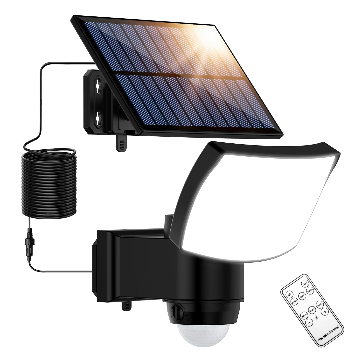 Solarlampen für Außen mit Fernbedienung, Led Solar Strahler mit Bewegungsmelder, 3000/5000/7000K, Solar Außenstrahler mit 3 Leuchtmodi, IP65 Wasserdicht Solarleuchte für Garage, Hof, Haustür, Garten