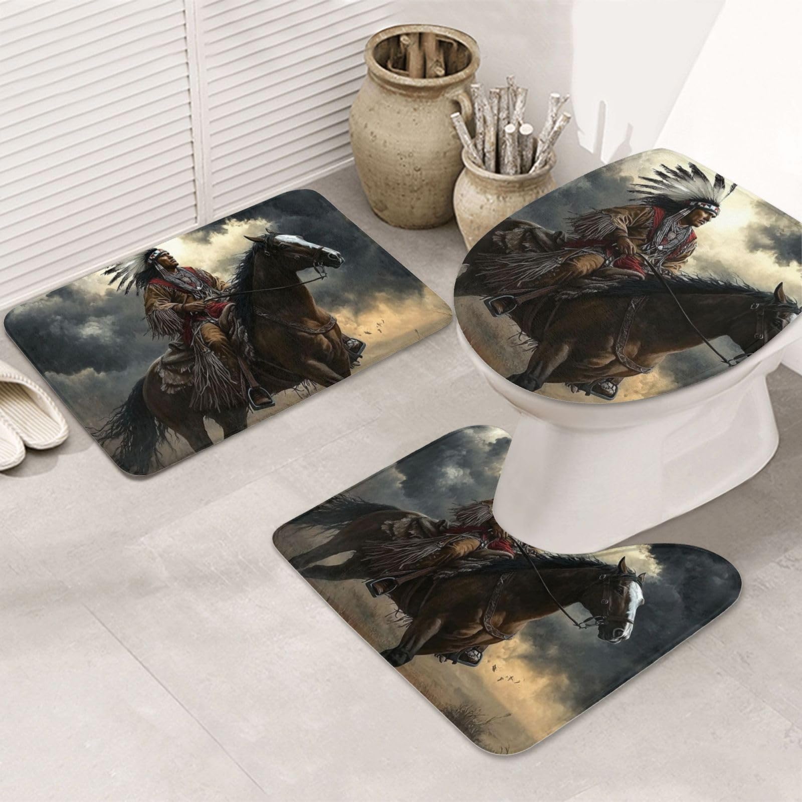 Evita resbalones con la alfombrilla de baño de guerreros nativos americanos set 3 piezas