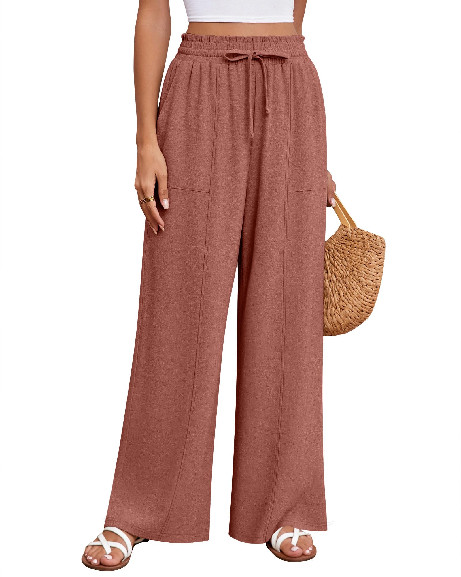 Huukeay Women's Linen Wide Leg Pants, High Waist Flowy Palazzo Pants with Pockets Drawstring Summer Casual Work Trousers