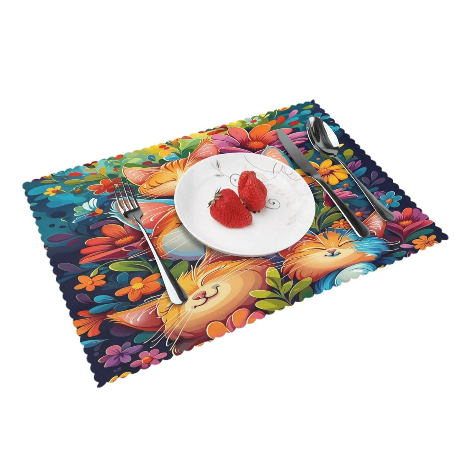 Colorful Cats Flowers Placemats Set of 4 Print Table Mats Place Mats Table Decor for Kitchen Dining 12X18 in