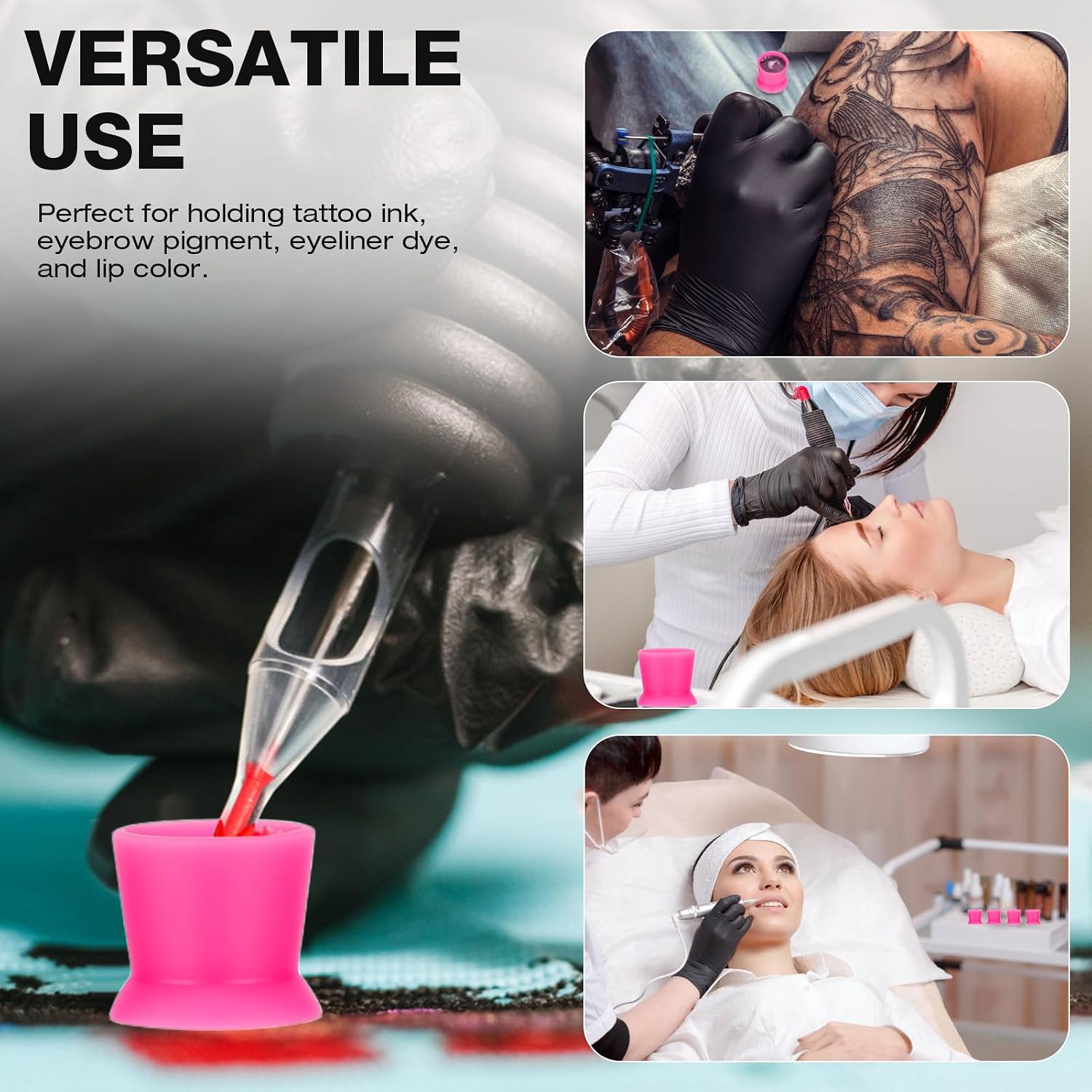 300pcs Silicone Tattoo Ink Cups with Suction Cup Bottom – Disposable Pigment Cups for Eyebrow Lip Color, No Damaged Needle Soft Silicone Ink Caps, Tattoo Supplies