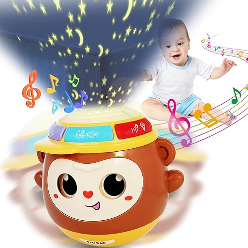 Juguetes para bebés de 6 a 12 meses, juguetes sensoriales multifunción 5 en 1 con música y luz, lindo mono Roly-Poly Toy Star Light Projector -