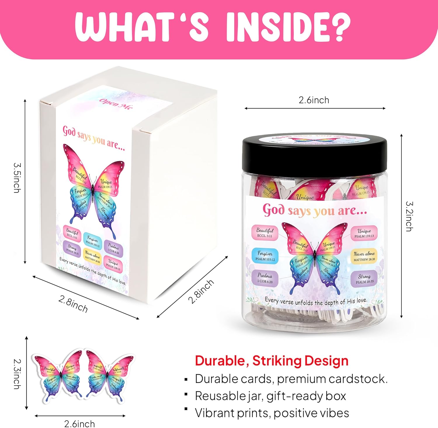 Positive Butterfly Bible Verses Jar with 60 Christian Affirmation Cards, Christian Gifts for Women, God Says You Are, Faith-Based Religious Spiritual Butterfly Gifts for Women Adults, Teens - Image 2