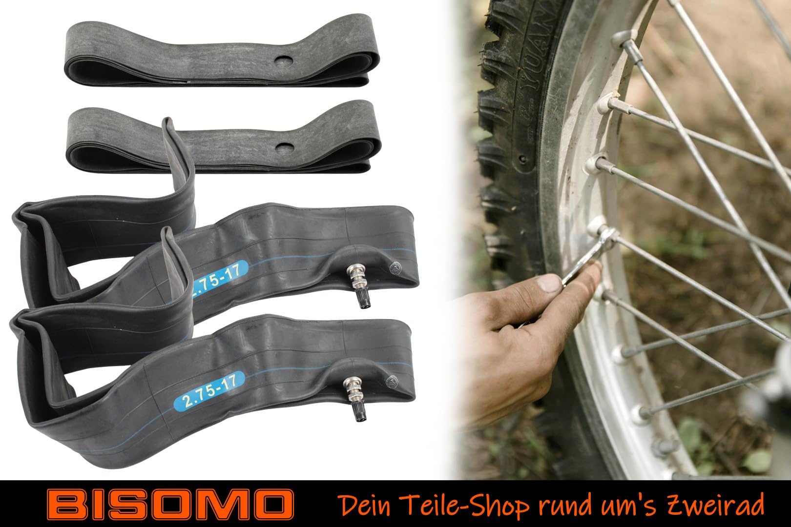 BISOMO 2x Schlauch 2.75 x 17 Zoll, verdickt extra robust, Autoventil gerade, für Simson S53 S83 + Felgenband für Kreidler Puch Zündapp Herkules, Moped, Motorrad, Mofa