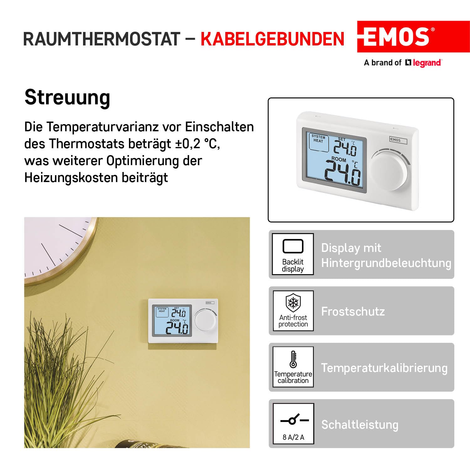 EMOS - termostato digitale con sensibilità di commutazione regolabile e molla a spirale - manuale - riscaldamento/raffreddamento - intervallo temperatura 5-80 °C - montaggio superficiale - bianco