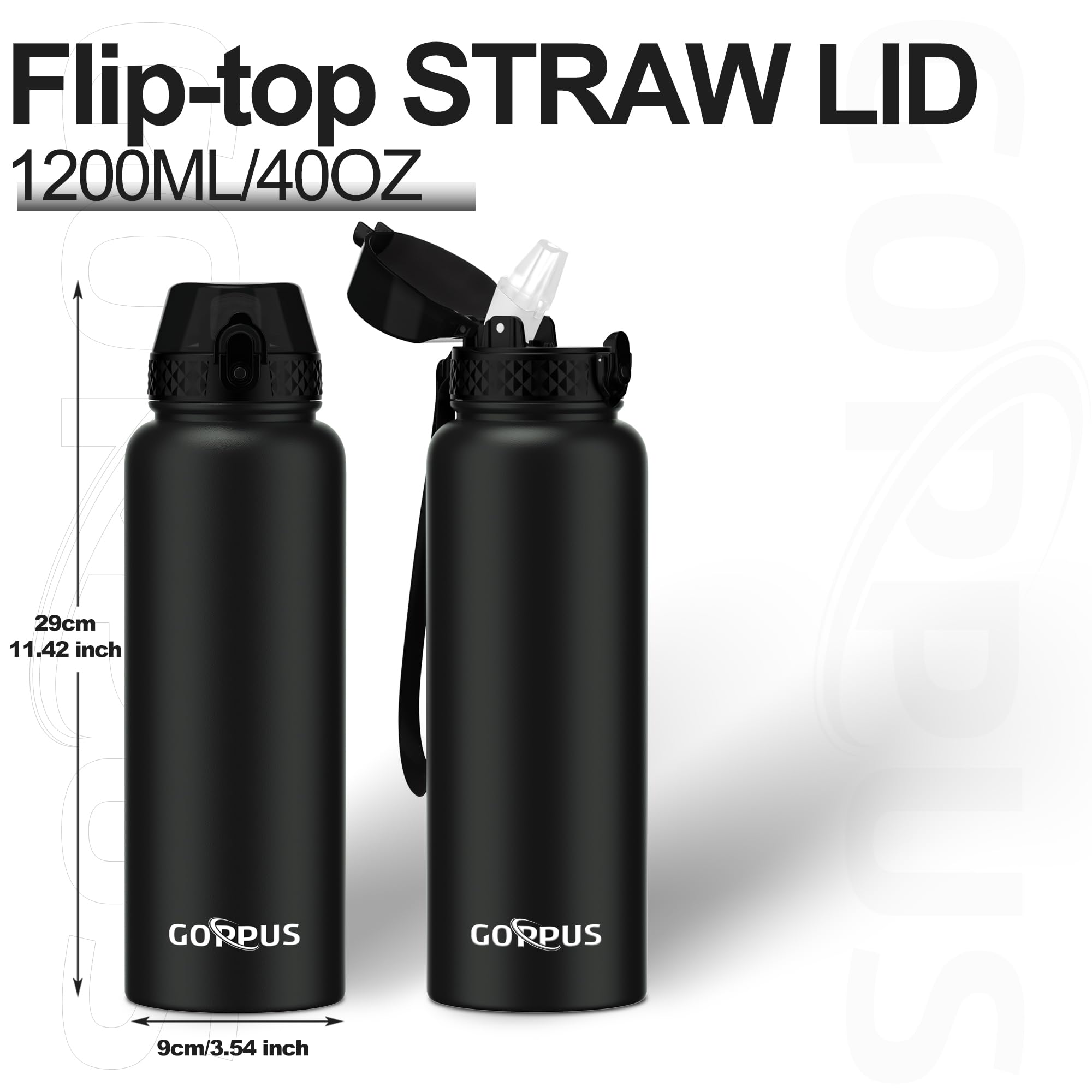 GOPPUS 1.2L/40oz Borraccia Inossidabile con Cannuccia Borraccia per Acqua Termica Fredda Borracce in Acciaio a Doppia Parete Borracce Isolate a Tenuta Stagna Borraccia per Adulti Flip Top