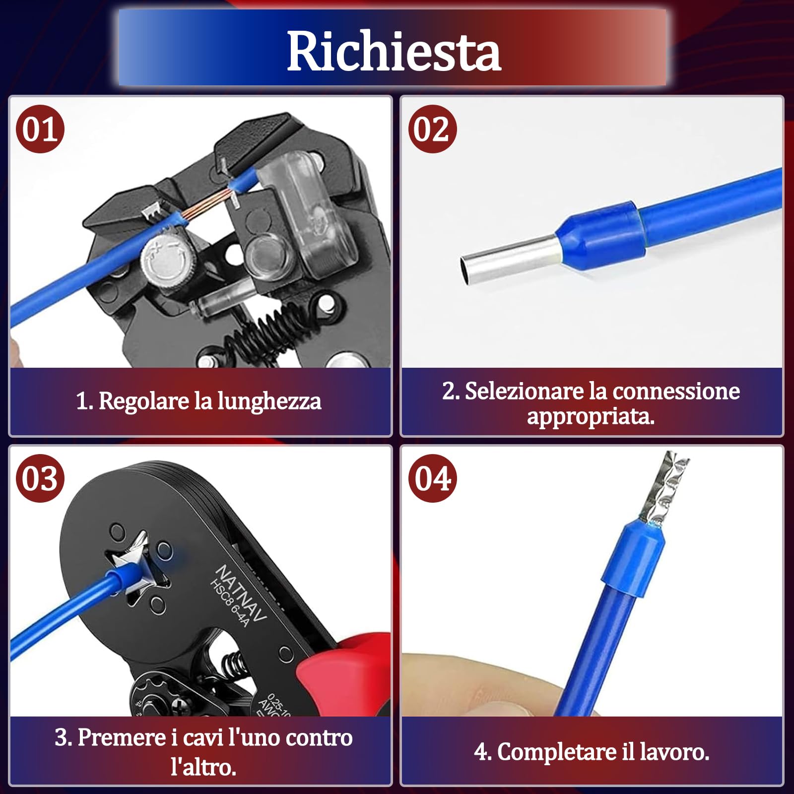 Set di 1300 pinze crimpatrici autoportanti, 0,25 – 10 mm², pressatura quadrata con funzione a cricchetto e impugnatura ergonomica, utensili elettrici e auto