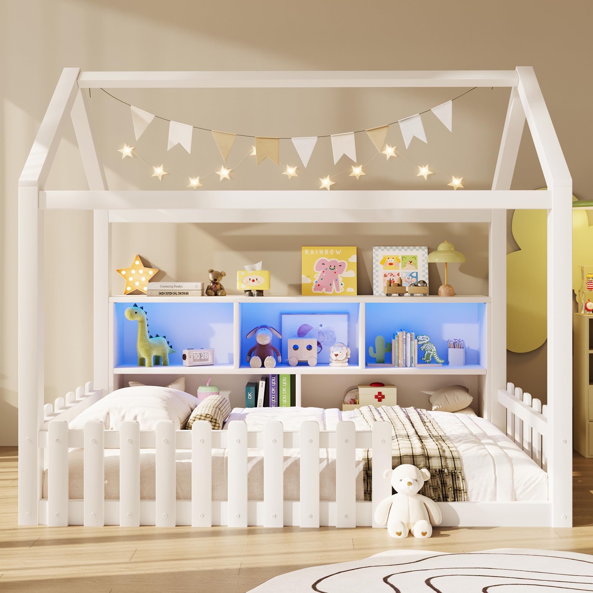 Lit cabane Enfants 90x190 cm avec LED,lit Enfant avec Barriere,lit Enfant cabane lit au Sol Enfant,Compartiments de Rangement Ouverts, Design Maison,Bande de Maison,Bois de pin,Blanc