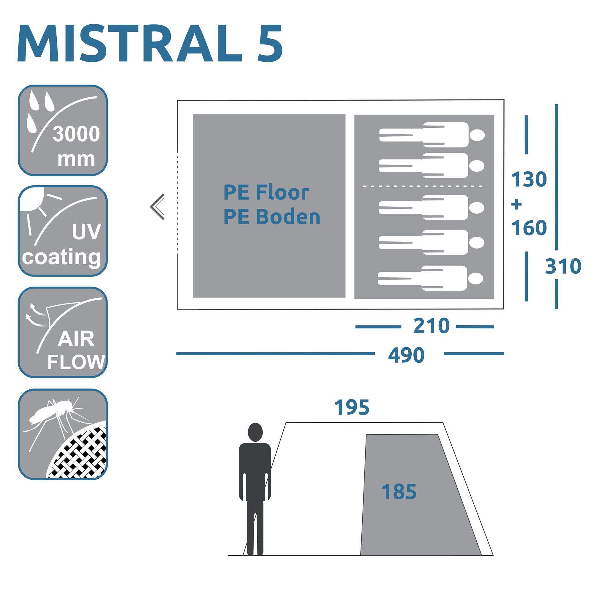 your GEAR Mistral namiot tunelowy dla 4 lub 5 osób, namiot rodzinny z wysokością stojącą, namiot kempingowy z ochroną UV 50+ i wodoodpornością 3000 mm