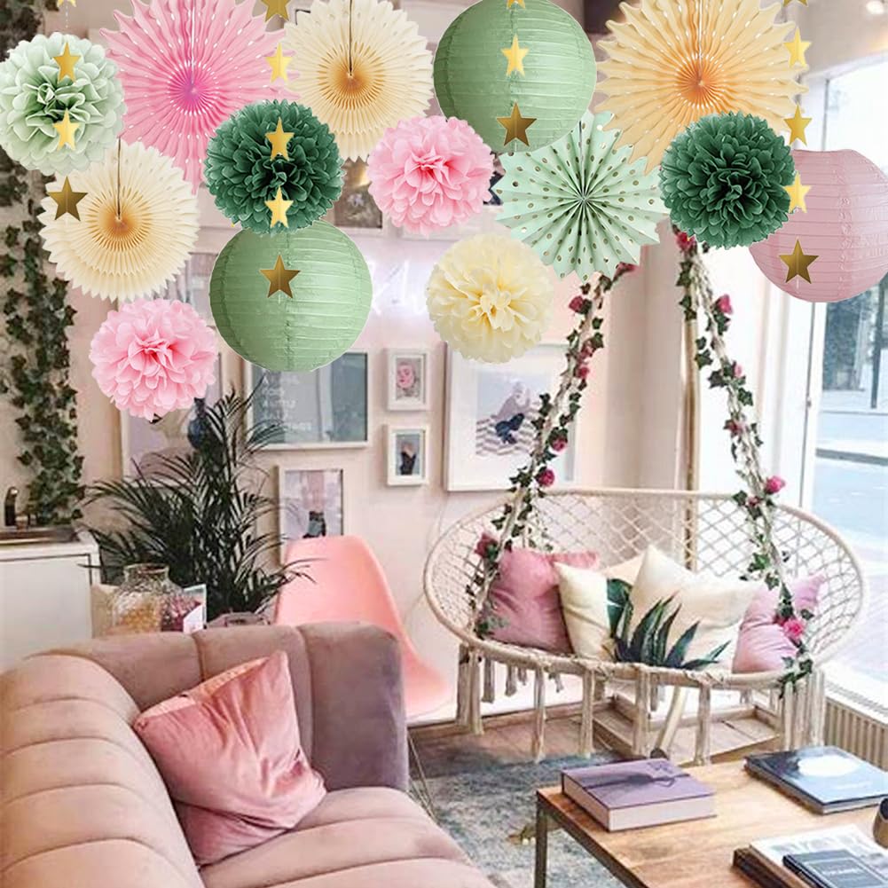 Kit Déco Fête Rose Poudré & Vert Sauge – Pompons Papier, Lanternes, Confettis – Pour Anniversaire, Mariage, Baby Shower – Décoration Table - 6