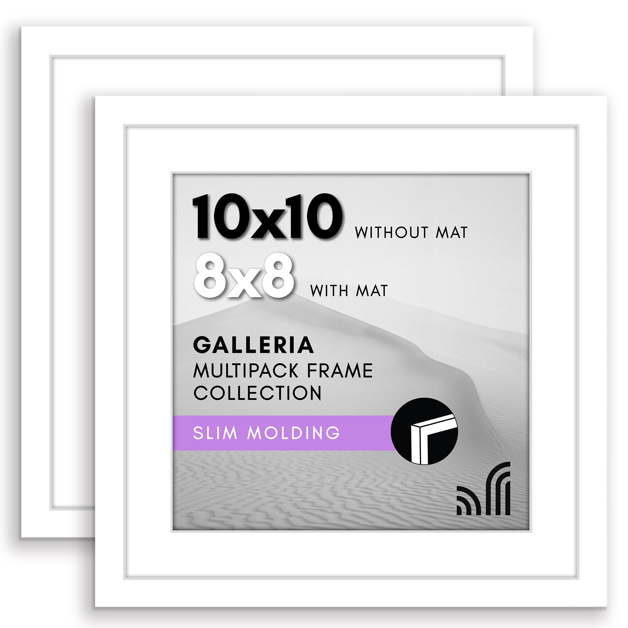 Americanflat 10x10 Picture Frame With Polished Plexiglass - Set of 2 - Use as 8x8 With Mat or 10x10 Without Mat - Galleria Collection - Gallery for Tabletop and Wall Display - White