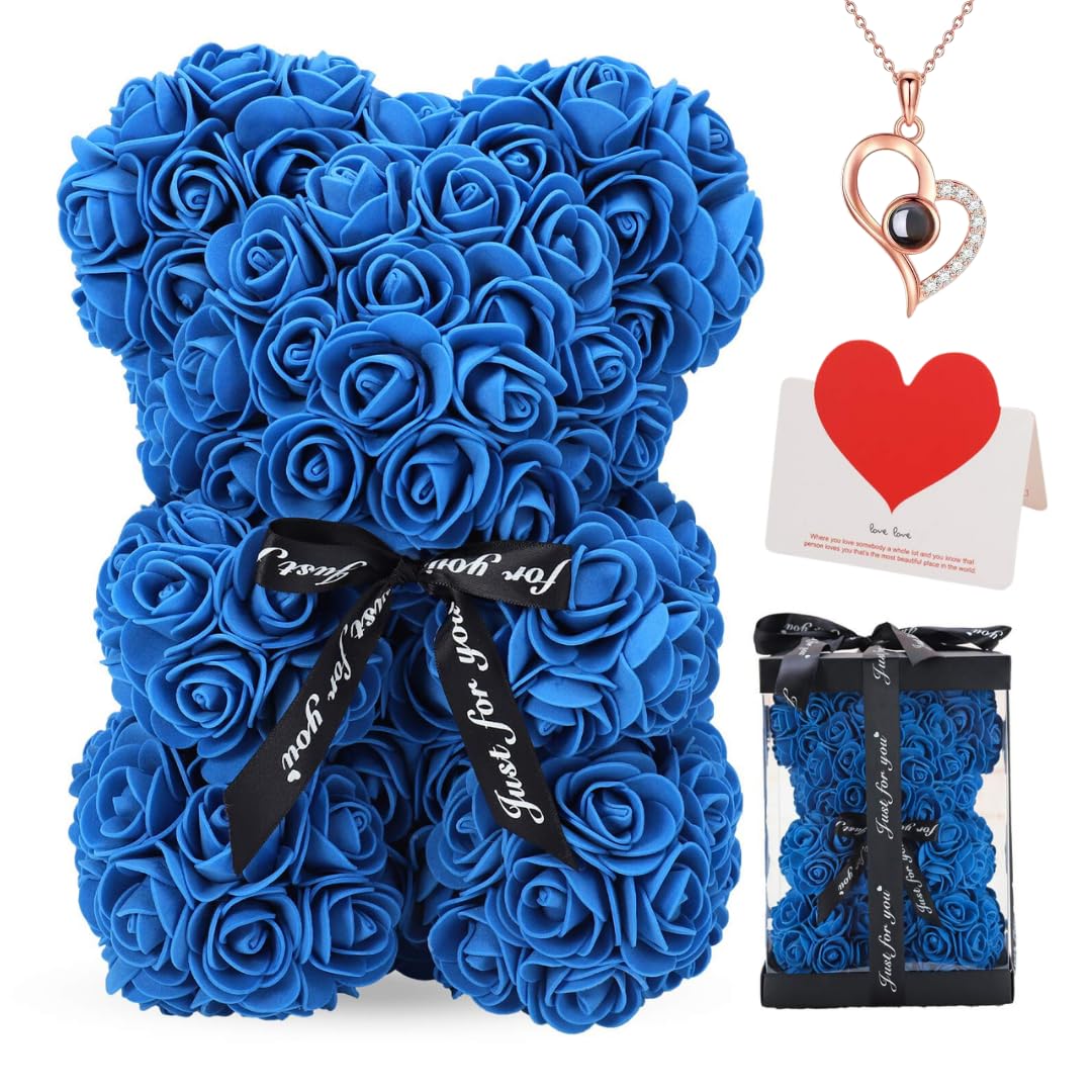 Rose Bear Gift, 10 Inch Artificial Flower Rose Teddy Bear with Gift Box, for Anniversary, Valentine's Day, Wedding, Birthday, Romantic Gift for Her (Royal)