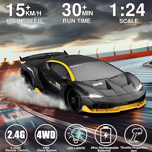 Miniatura 2 de Coche de control remoto RC Drift Car 2.4GHz 124 4WD 15KMH de alta velocidad de carreras de coche deportivo con luces LED, neumático de deriva de