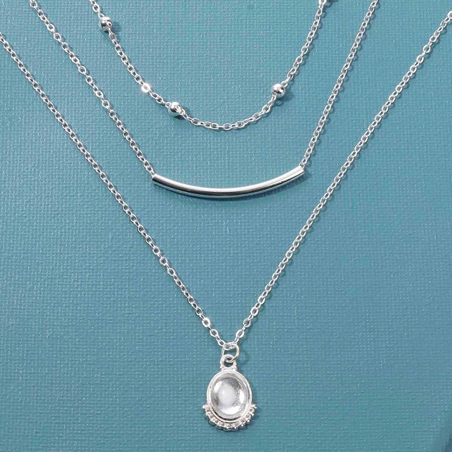 Bohemian Layered Opal Pendant Necklace Silver Curved Bar Choker Necklace Multi Layered Moonstone Necklace Station Bead Chain Necklace Horizontal Tube Necklace Jewelry for Women - Image 8