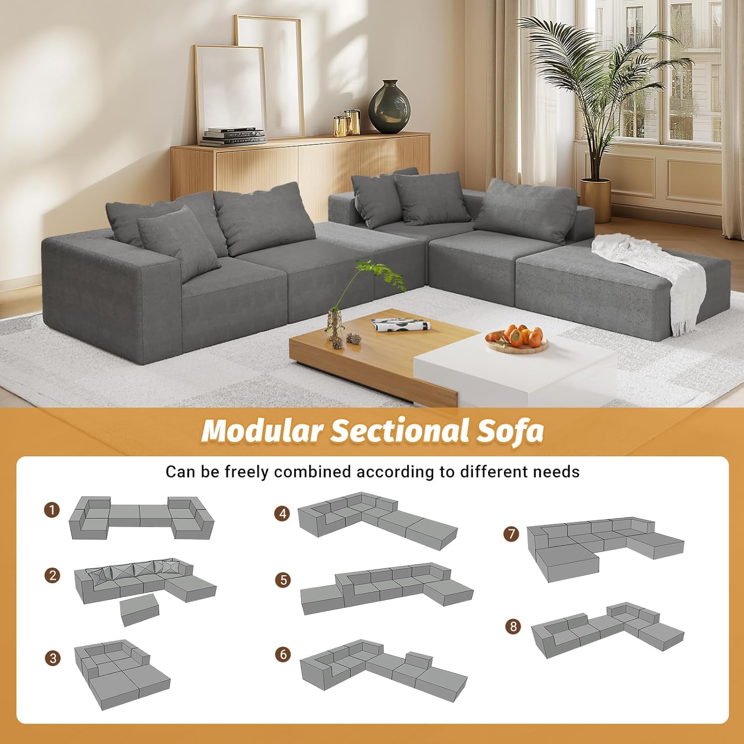 132'' Oversized Cloud Couch, Upholstered Modular Sectional Sofa with 6 Pillows, Deep Seat Chenille Couches for Living Room, Free Combination, No Assembly Required (Gray)