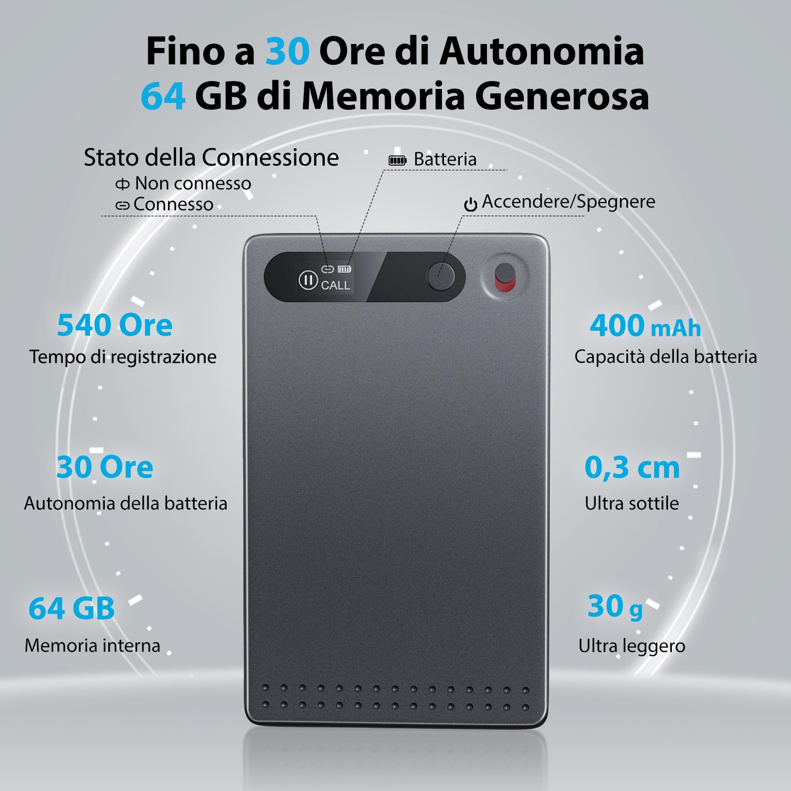 Registratore Vocale AI, 64 GB di Memoria, Controllo App, Trascrizione e Sintesi AI,Supporta 118 Lingue, Ultra Sottile e Leggero, Registratore Audio per Riunioni, Lezioni, Telefonate