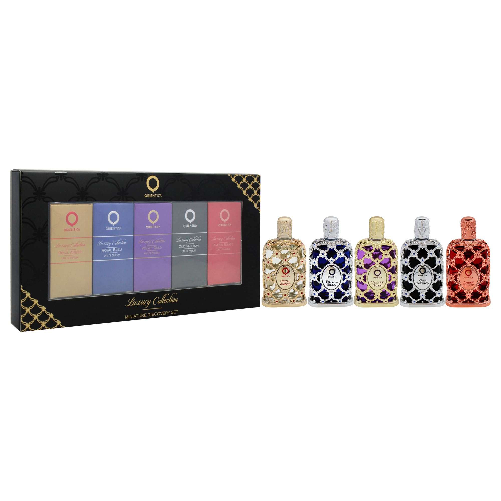 Orientica Luxury Collection Set Discovery Miniature Eau de Parfum 5 Pezzi (5 x 7.5 ml) – Amber Rouge, Royal Amber, Oud Saffron, Velvet Gold e Royal Bleu – Profumo Arabo Unisex per Donna e Uomo