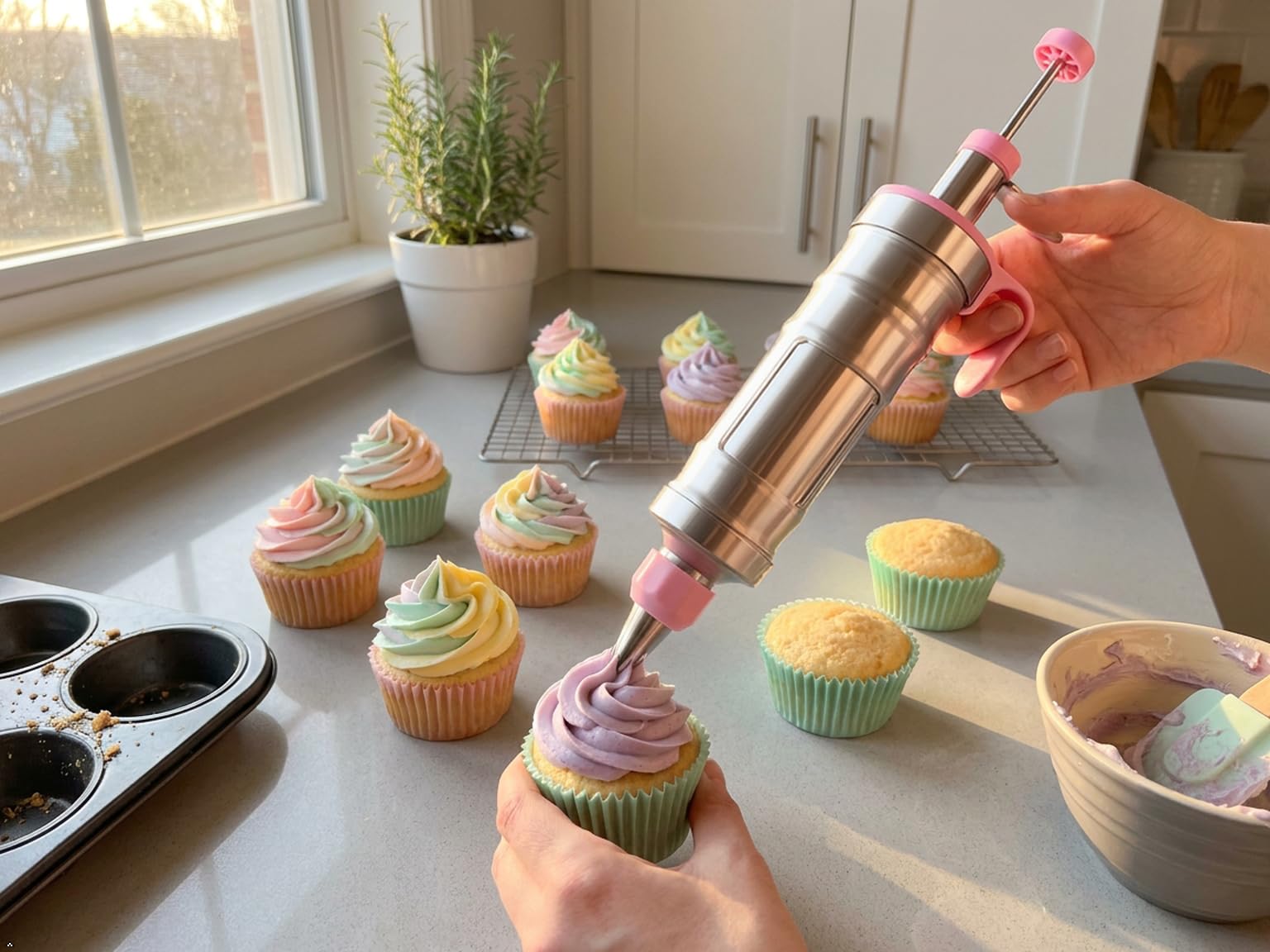 Juego de jeringas para decoración de postres, pistola para decoración de pasteles, kit de tuberías de glaseado de acero inoxidable, herramientas de decoración de pasteles (plata y rosa)