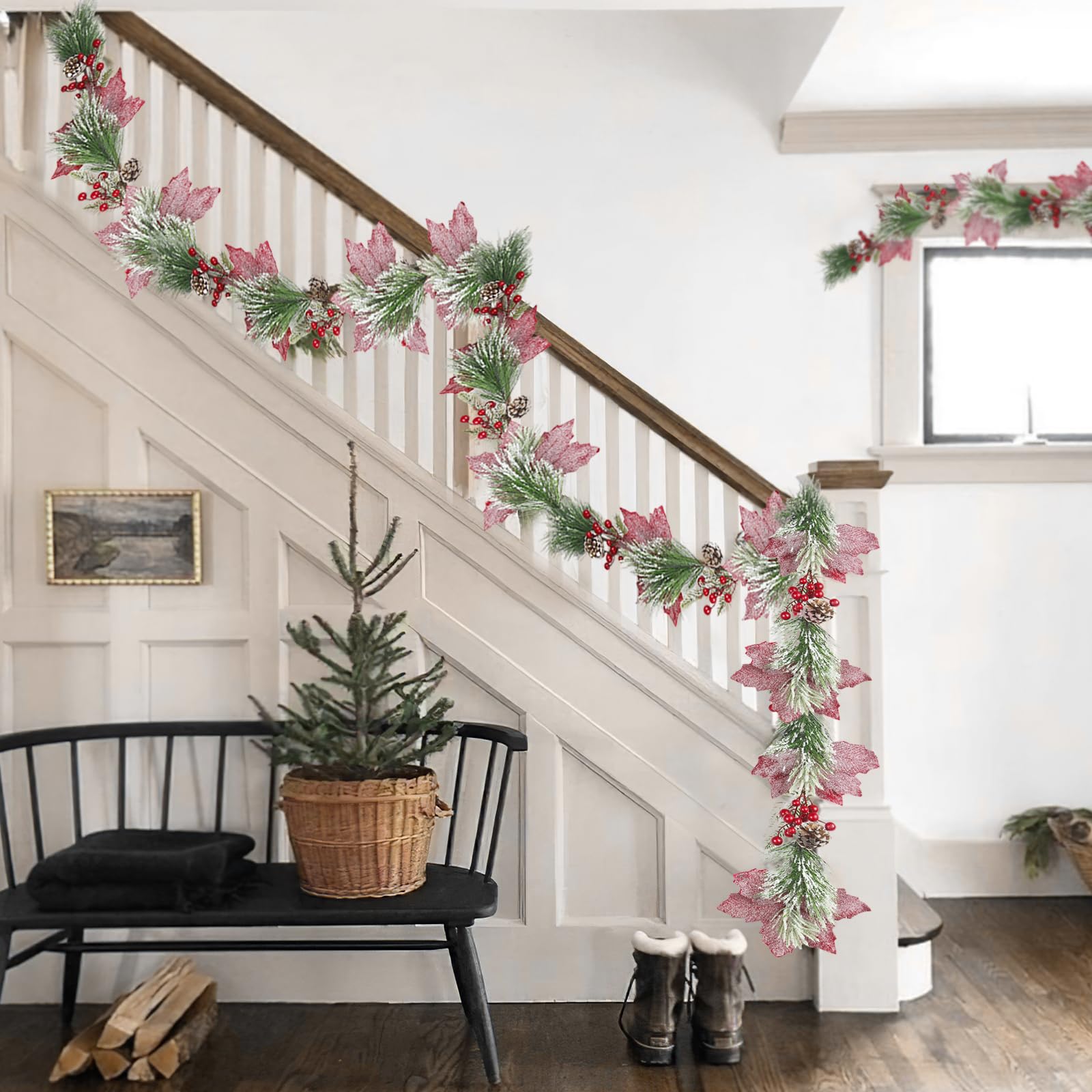 CISDUEO Guirnalda de flores de Pascua artificiales de Navidad, guirnalda de bayas artificiales rojas con piñas de pino para exteriores, interiores, chimenea, vacaciones, invierno, puerta, mesa, centro
