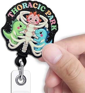 Cute Dinosaur Retractable Badge Reel, Thoracic Park Black Glitter Badge Reel with Alligator Clip, Thoracic Surgery Gifts, Funny ID Card Holder Gifts for Respiratory Nurse X-Ray Technician