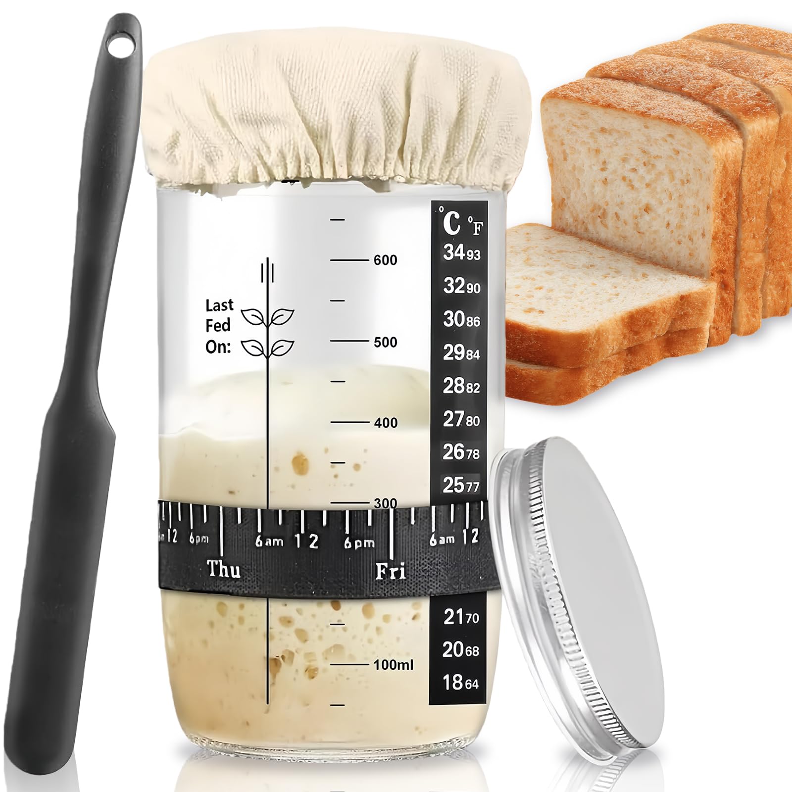 Sourdough Starter Jar Kit,730ml 24Oz Glass Round Jar,Reusable Wide Mouth Glass Sourdough Fermentation,with Date Feeding Band, Thermometer, Cloth Cover & Metal Lid