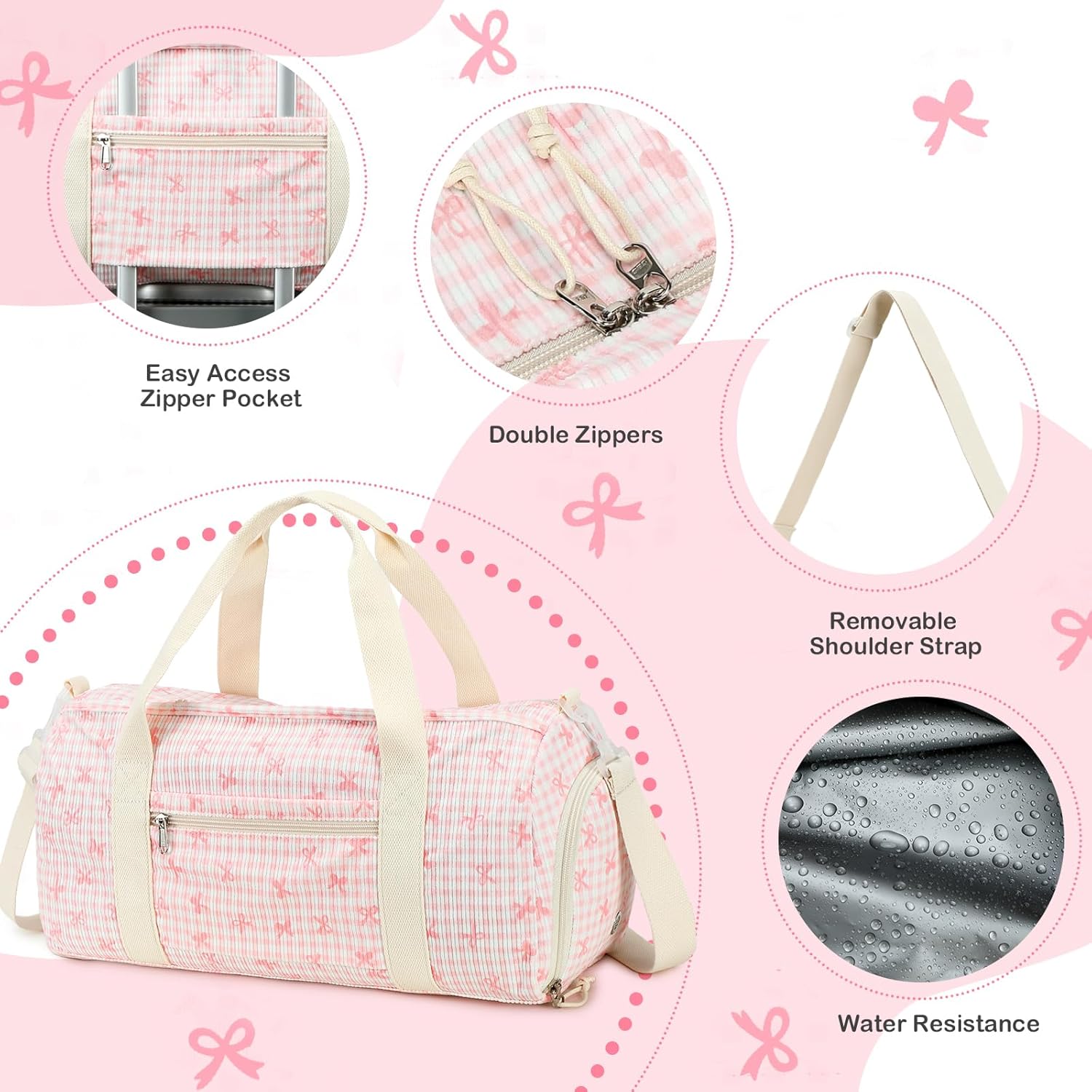 LEDAOU Kids Duffle Bag Girls Overnight Travel Sport Gym Bag Weekender Carry On Shoulder Dance Bag with Shoe Compartment & Wet Pocket (Pink Bow Checkered) - Image 6