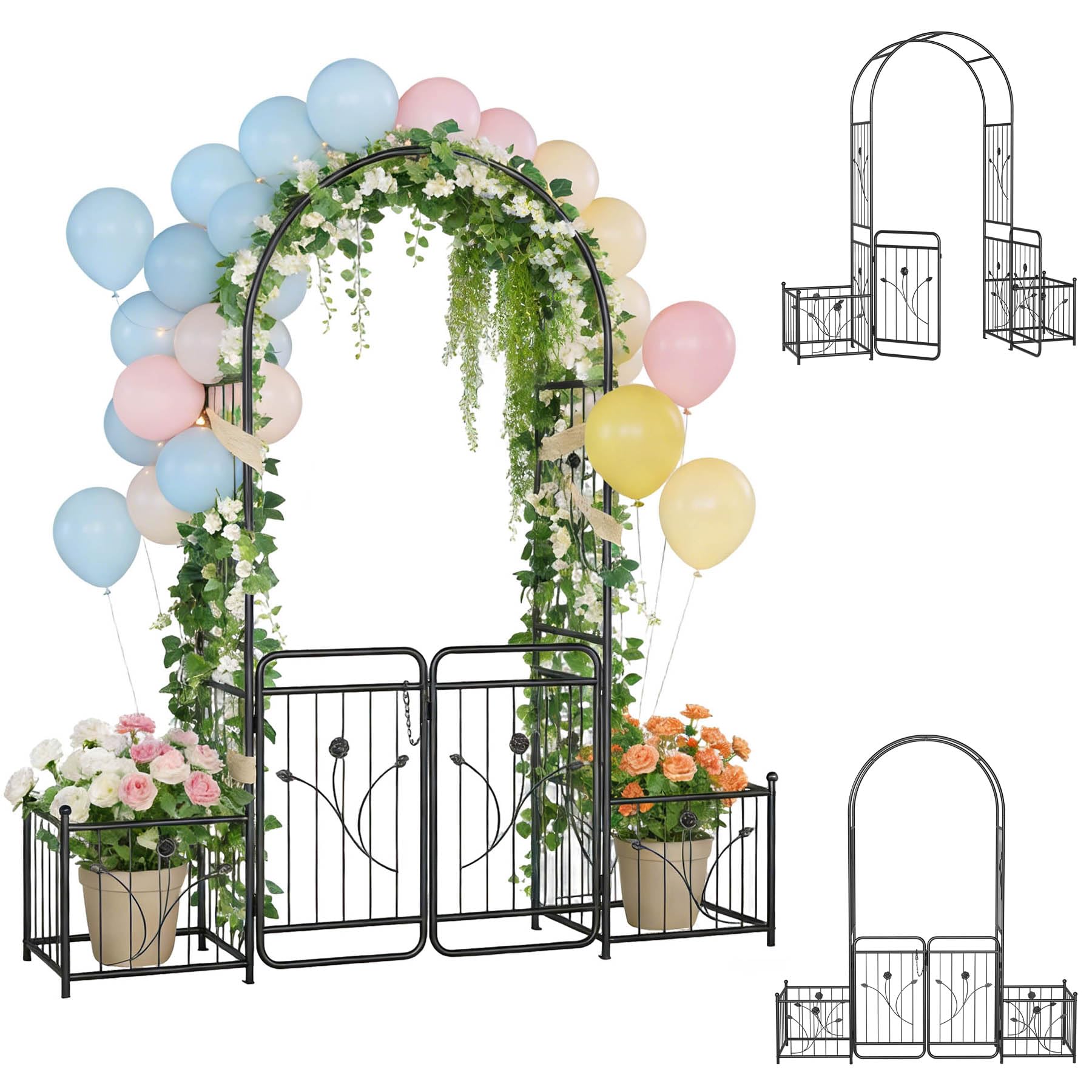 Froadp Arco per rose da giardino, 195,5 x 50 x 220 cm, in metallo, con porta e area laterale per piante rampicanti, per giardino, cortile, terrazza, matrimoni, nero