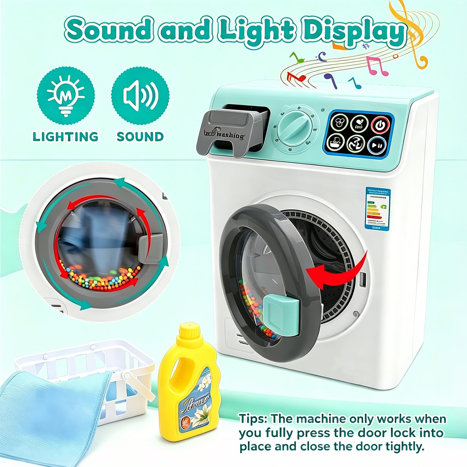 deAO Kit de blanchisserie avec « ma première Machine à Laver » pour Enfants incluant Une variété d’Accessoires de buanderie et de nettoyages