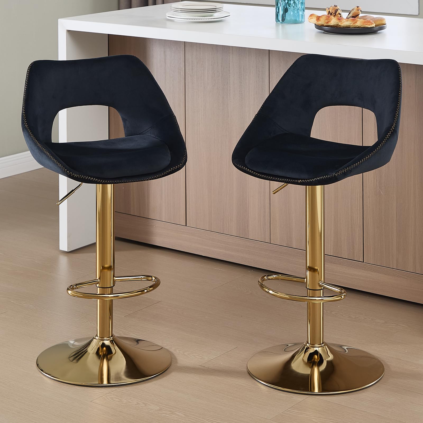 Juege de 2 Taburetes Altos de Cocina Altura Ajustable con Patas Metálicas, Taburetes de Bar con Respaldo en Terciopelo para Doméstico o Restaurantes, Negro