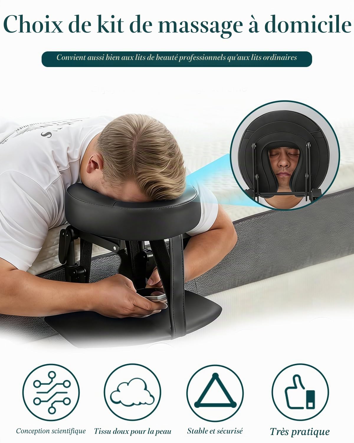 Support de table de massage, appui-tête de massage pour lit, coussin réglable en forme de U, surmatelas de massage avec planche d'accoudoir et sac de rangement (pour matelas de 14 à 45 cm, noir)