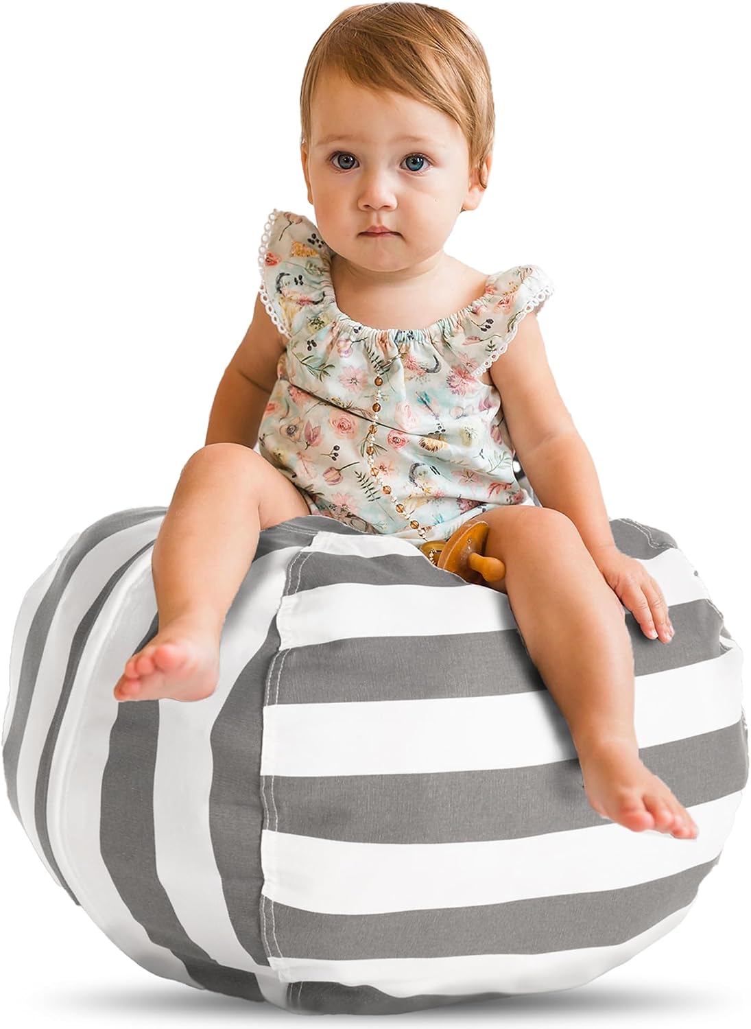 Creative QT Stuffed Animal Storage Bean Bag Chair - Toddler Size Stuff 'n Sit Organization for Kids Toy Storage - Available in a Variety of Sizes and Colors (27", Grey/White Striped)