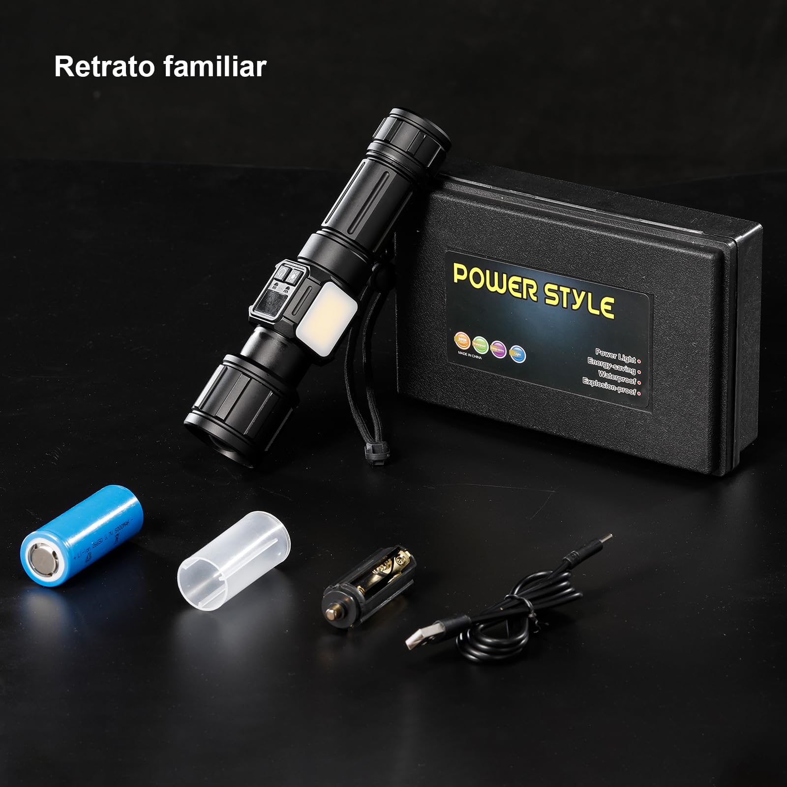 Tom-shine Súper Brillante Linterna LED con Zoom – Recargable USB-C 5000mAh, 9 Modos + Luz Lateral & Indicador de Batería, IPX4 Resistente a la Lluvia para Caza, Camping, Emergencias