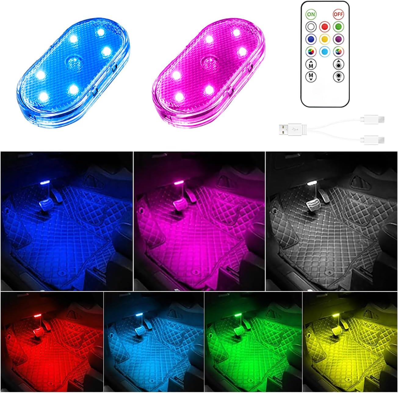 2 PCS Car LED Lights Interior,7 Colors Ambient Lighting Car Interior with 6 Bright LED Lamp Beads,Portable USB Rechargeable Car Interior Led Night Light for Car Decoration