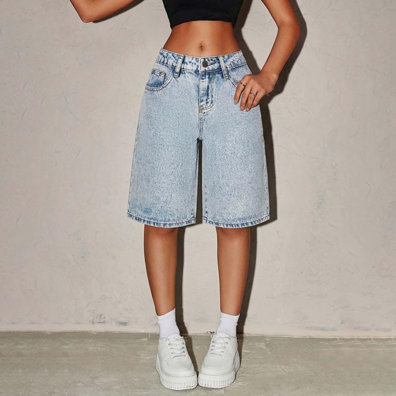 Short Jean Fille Bermuda D'été Décontracté à Jambe Large Taille élastique Short Mi-Long Taille Haute Ete Shorts et Bermudas Jeans Rétro Coupe Ample Confortable Baggy Shorts Jean pour Adolescentes
