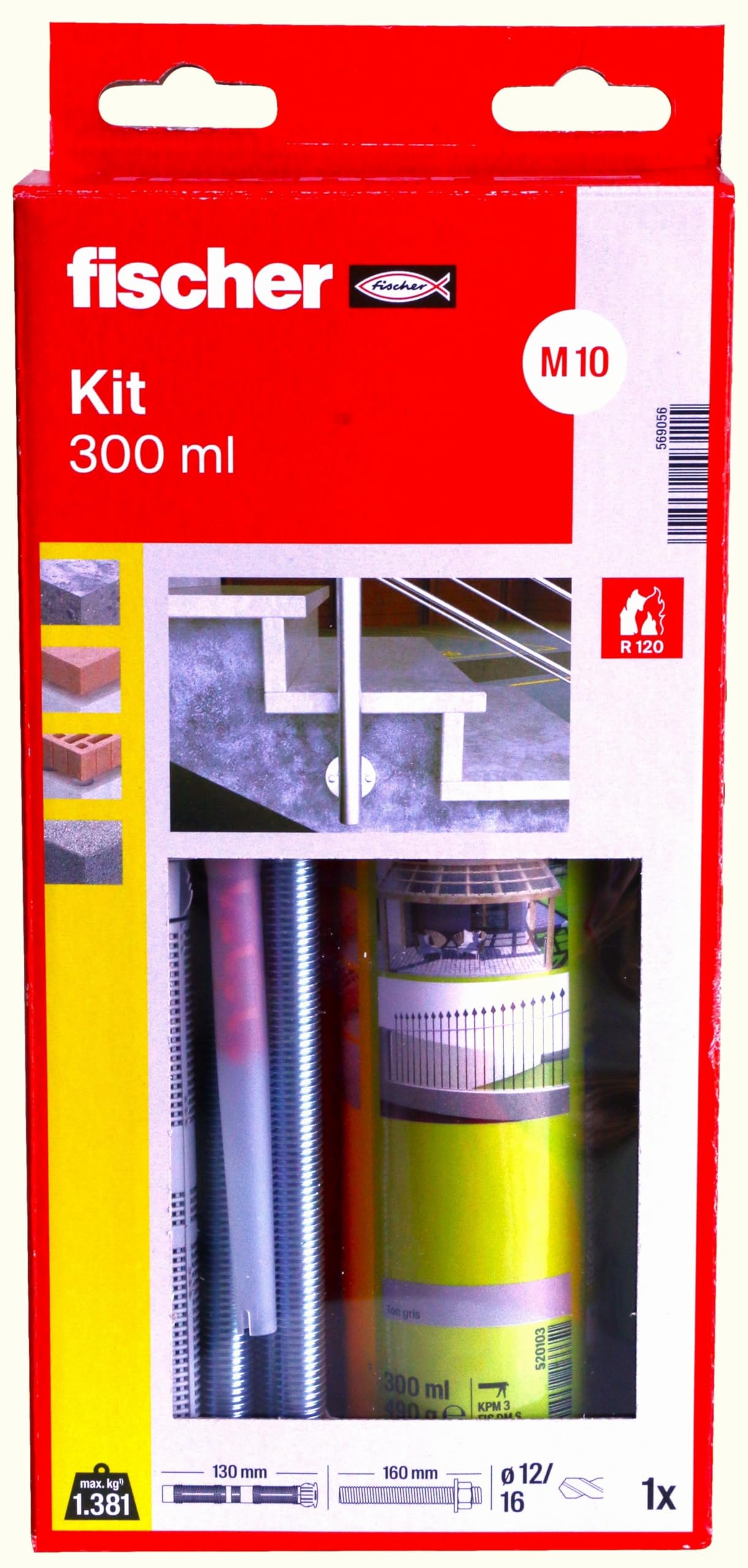 fischer - Kit de scellement FIS HT II avec accessoires - 1 cartouche de scellement 300 ml, 2 embouts, 6 tiges filetées M10x160, 6 écrous, 6 rondelles, 6 tamis 16x130