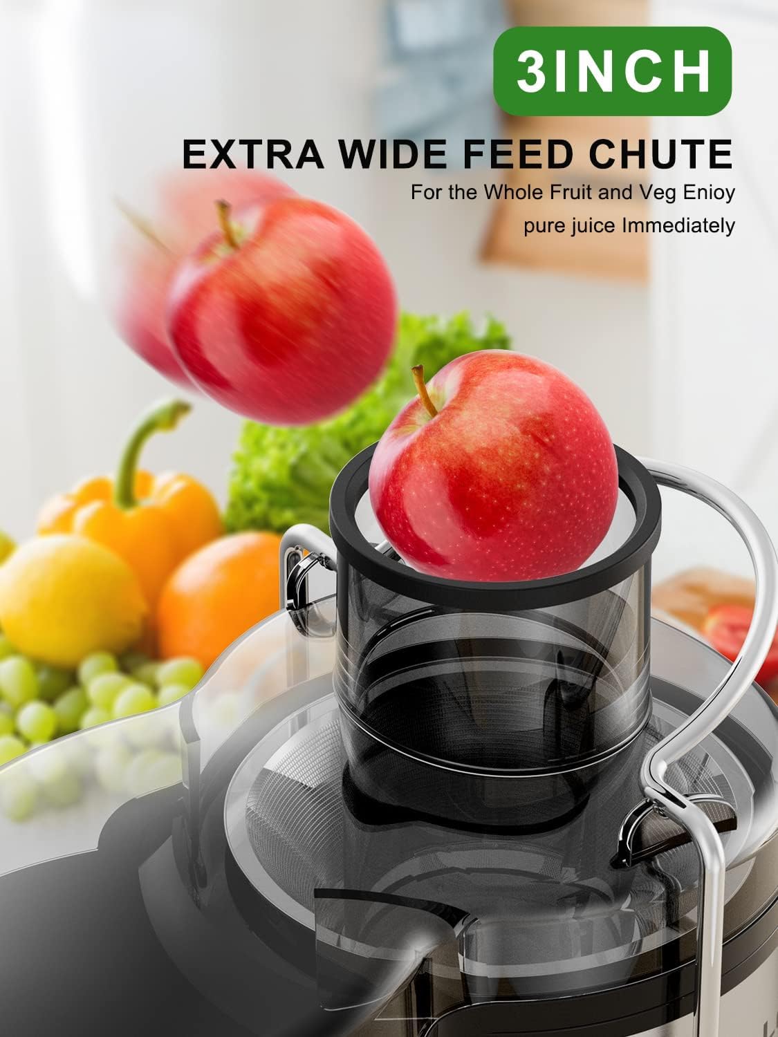 Máquina exprimidora, exprimidor de 600 W con boca ancha de 3 pulgadas para frutas y verduras enteras, extractor centrífugo de jugo, fácil de limpiar, acero inoxidable, sin BPA 4