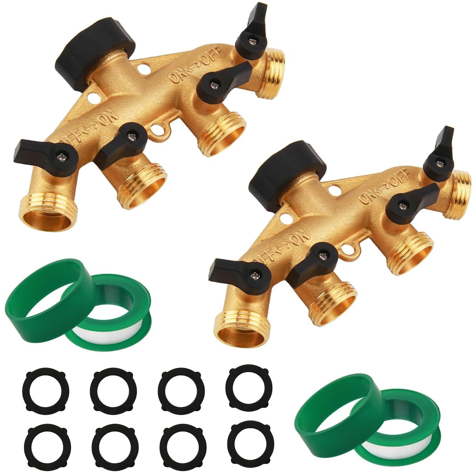 Hose Splitter 4 Way Heavy Duty, Brass Garden Hose Connector 3/4" Water Hose, Splitter Hose Spigot Adapter with 4 Extra Rubber Washers for Outdoor Spigot(2 pack)