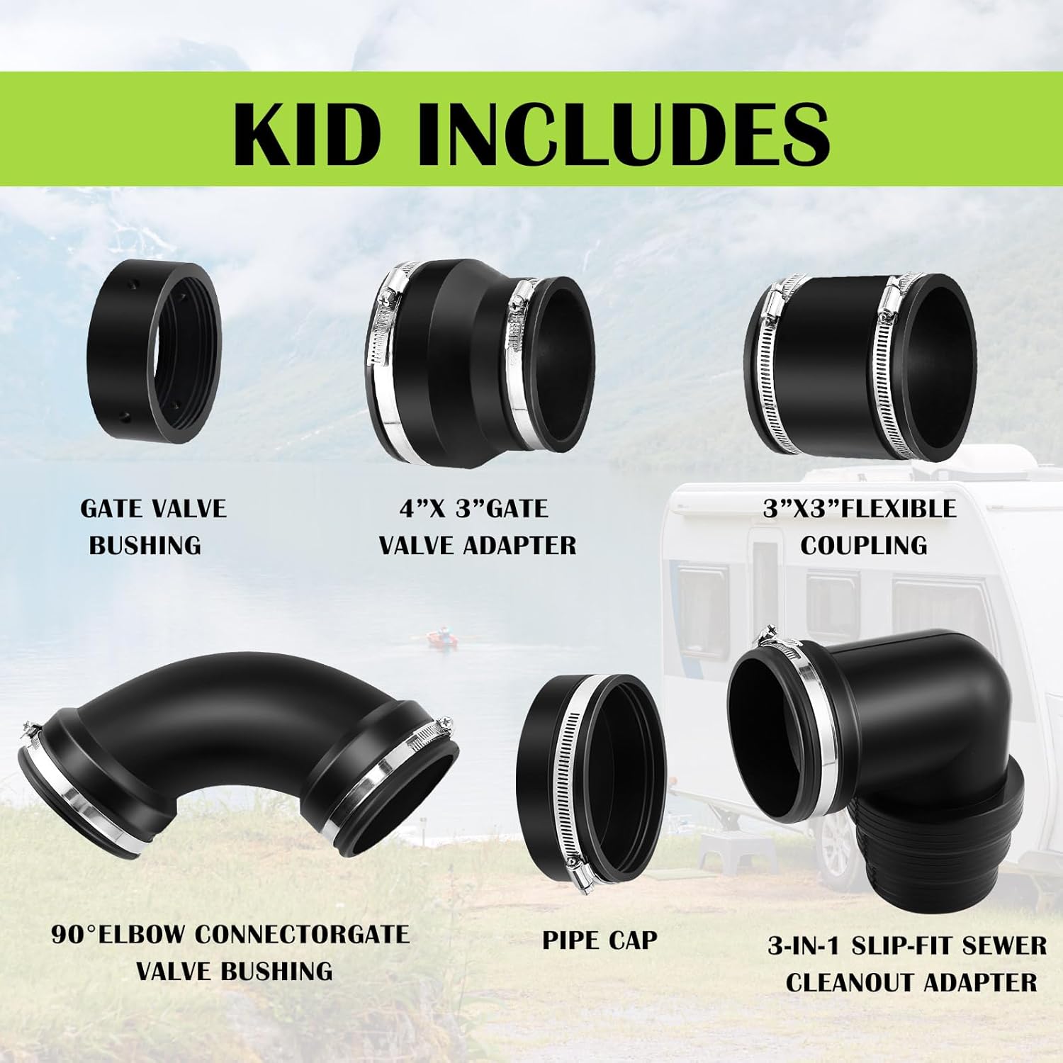 6 Pcs RV and Camper Sewer Waste Plumbing Connection System Kit Compatible with 3" PVC Pipe RV Sewer Adapter RV Sewer Hose Fittings