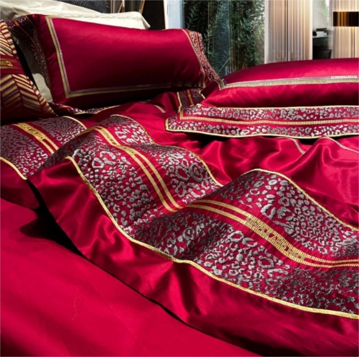 Zestaw Pościeli Bawełniany Czteroczęściowy Zestaw Prześcieradeł I Pocieszycieli, Haftowana Pościel Miękka Komplet Pościeli (Color : Rot, Size : 2m bed)