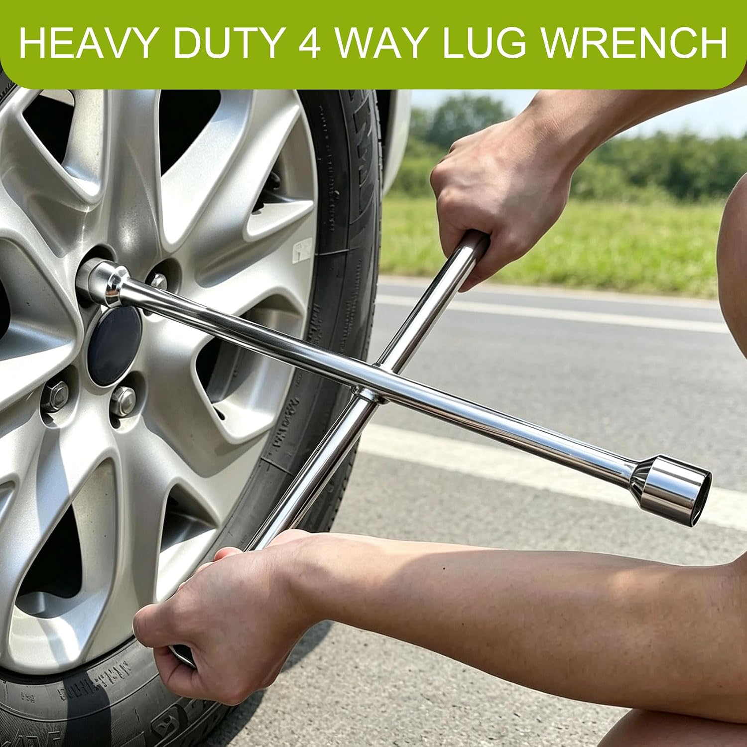 4 Way Cross Lug Wrench, 14Inch Heavy Duty Tire Iron Nut Wrench, 1PCS