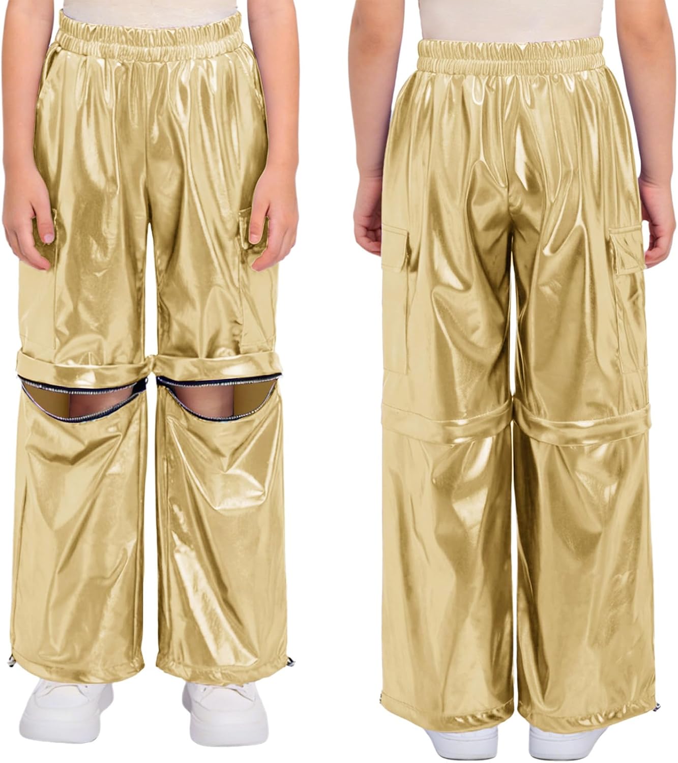 JEYPINMI Unisex Boys Girls Shiny Leggings with Pockets Metallic Cargo Pants Hip-Hop Dancewear Jazz Dance Trousers